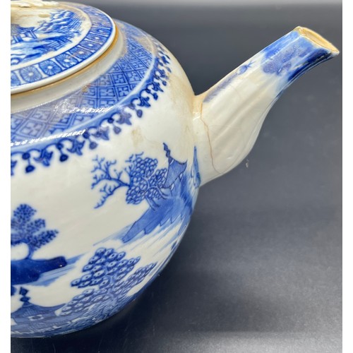 726 - 19th century blue and white teapot design in an oriental manner. [As Found]