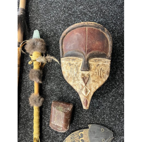 728 - A Lot of Tribal items to include dart blower, wall mask, sceptre and piece of soapstone.