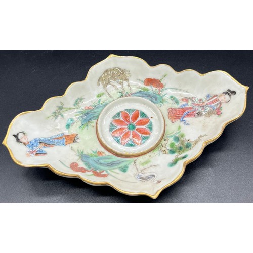 741 - Chinese hand painted dish detailed with lady figures, heron and stag. [16cm in length]