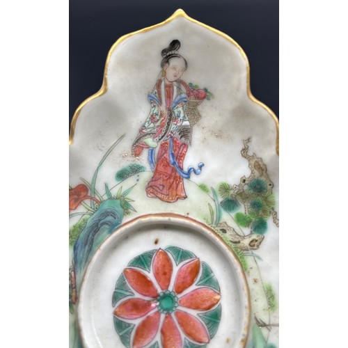 741 - Chinese hand painted dish detailed with lady figures, heron and stag. [16cm in length]