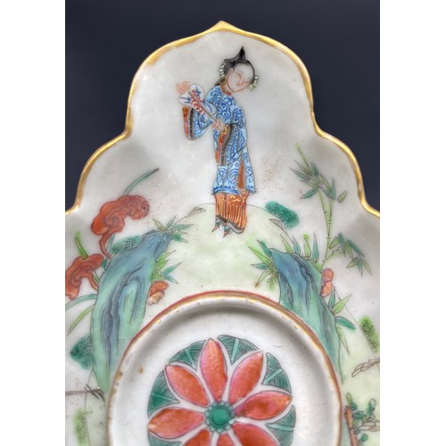 741 - Chinese hand painted dish detailed with lady figures, heron and stag. [16cm in length]