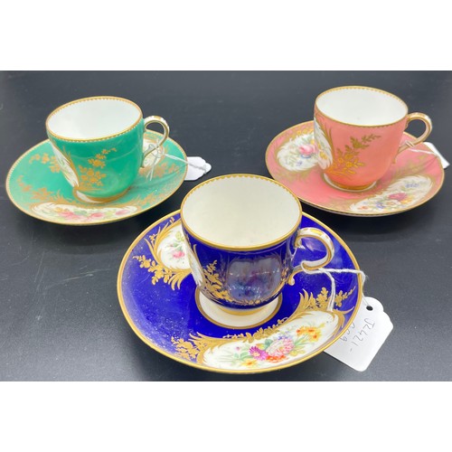 742 - A lot of three Antique hand painted cups and saucers. Detailed with gilt trims and bouquets of hand ... 