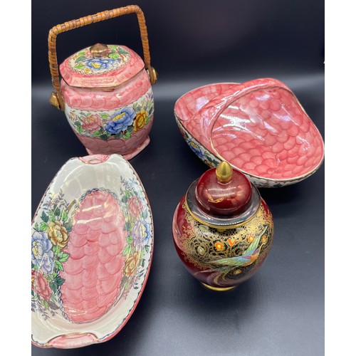 744 - Three pieces of Maling pink thumb print items together with a Carlton lidded preserve pot with lid.