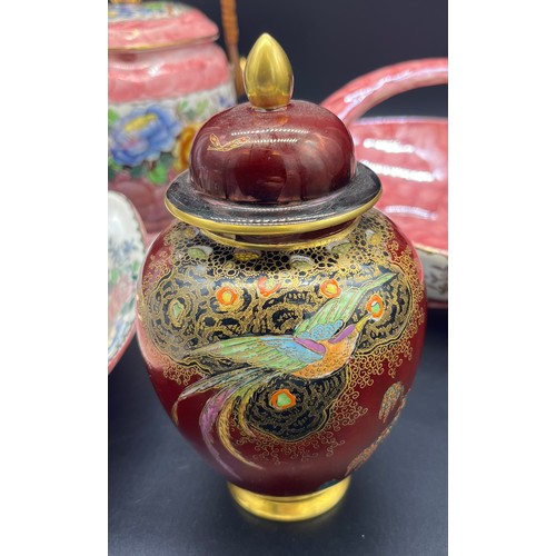 744 - Three pieces of Maling pink thumb print items together with a Carlton lidded preserve pot with lid.