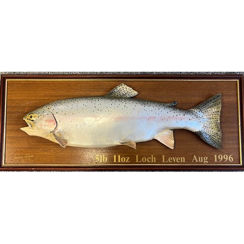 747 - Taxidermy mounted Trout from Loch Leven. Mounted on a wooden board and signed Ronnie Glass. [Wooden ... 