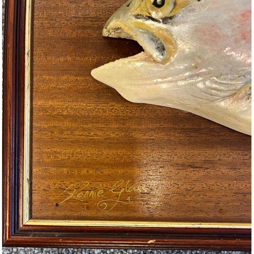 747 - Taxidermy mounted Trout from Loch Leven. Mounted on a wooden board and signed Ronnie Glass. [Wooden ... 