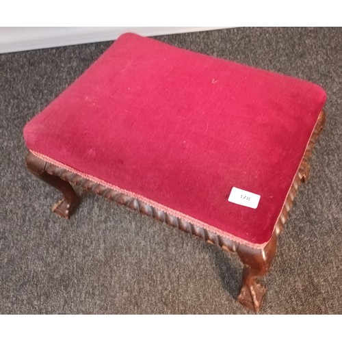 135 - Antique stool, the red upholstered cushioned seat raised on cabriole legs ending in claw and ball fe... 