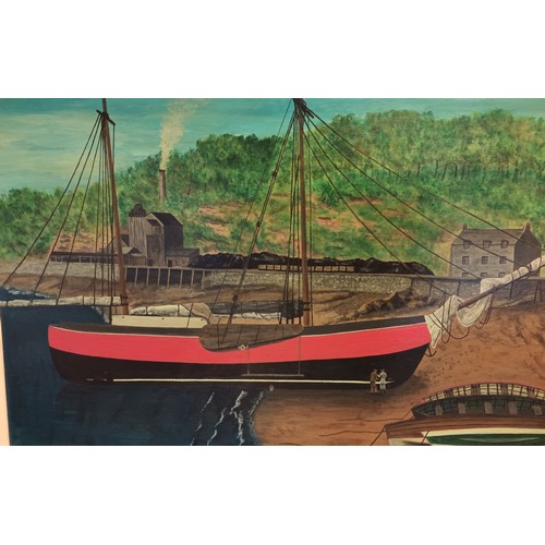 148 - Large oil on board depicting harbour scene with large boat signed T Walsh. [65x94cm]