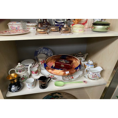 79 - Two shelves of collectables to include E.P Cruet/ condiment set, trinket boxes and dishes etc