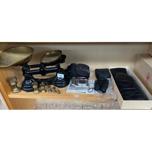 93 - A Shelf of collectables to include Librasco kitchen scales with brass weights, Canon digital camera,... 