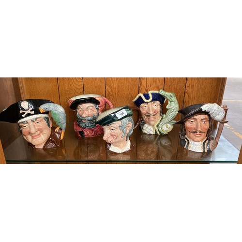 129 - Five Royal Doulton character toby jugs to include Athos, Capt Hook, Simple Simon, Falstaff and Long ... 