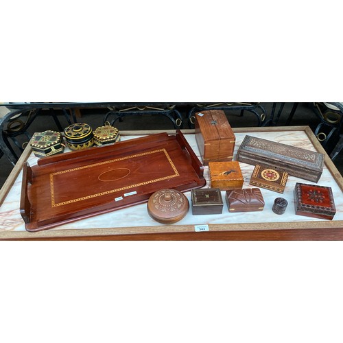 344 - Inlaid serving tray together with a collection of carved wooden trinket boxes etc