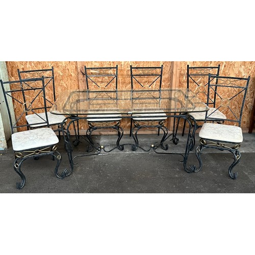 342 - Modern heavy wrought iron dinning table with glass top with 6 chairs