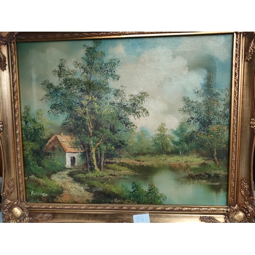 98G - Oil painting depicting Forrest and frached cottage scene signed fullmen fitted in a gilt frame