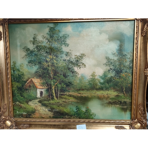 98G - Oil painting depicting Forrest and frached cottage scene signed fullmen fitted in a gilt frame