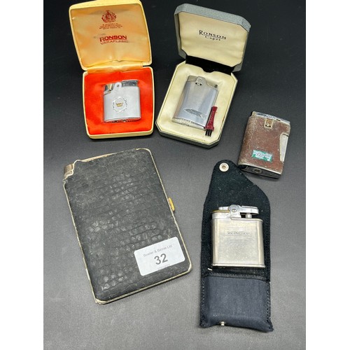 32 - Four vintage Ronson Lighters and Ronson cigarette case with lighter attached. Boxed Ronson Capri, Bo... 