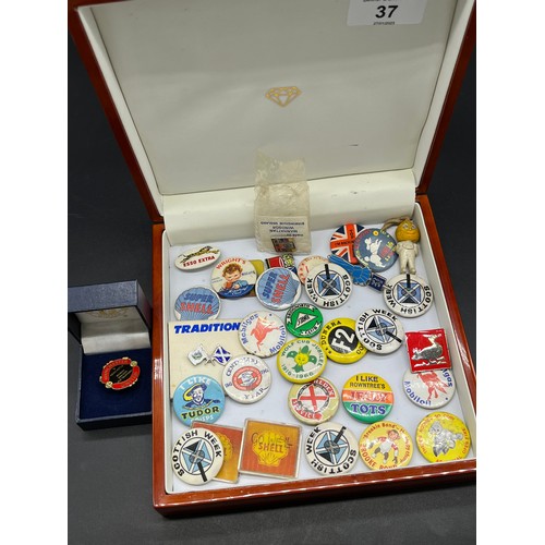 37 - A Selection of vintage pin/ button badges, mostly motor inspired. Includes ESSO man figure, Mobilgas... 