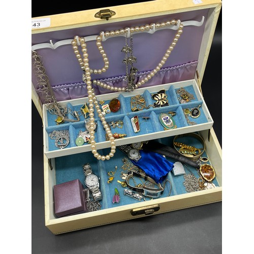 43 - Jewellery box containing a quantity of costume jewellery, watches and silver chains etc