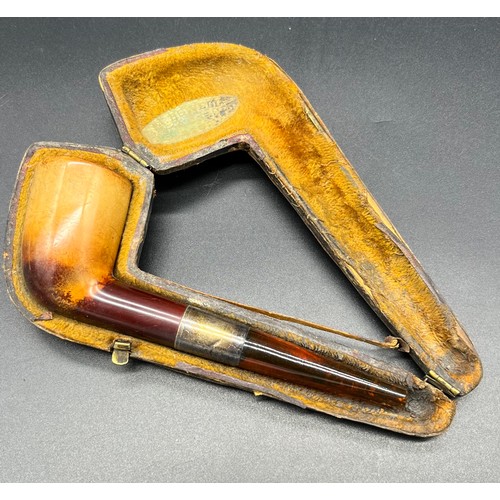 10A - Antique smoking pipe, fitted with an amber end and white metal collar, comes in a fitted case by A H... 