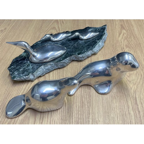 12A - Hoselton Sculpture duck family on green marble- Canadian made. Together with two other sculptures of... 