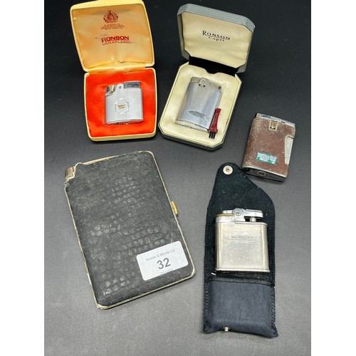 74 - Four vintage Ronson Lighters and Ronson cigarette case with lighter attached. Boxed Ronson Capri, Bo... 