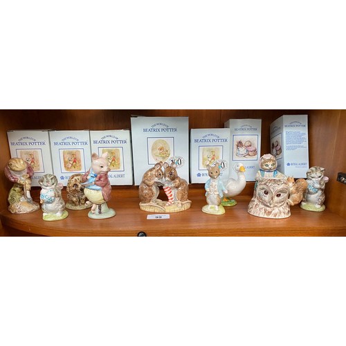 99 - Shelf of Royal Albert Beatrix potter figures includes the Christmas stockings, old Mr brown, pigling... 