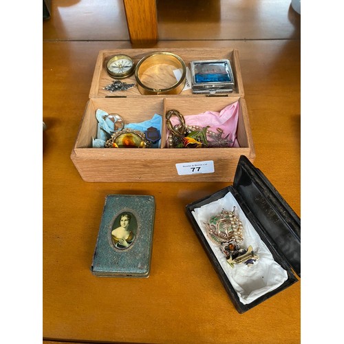 77 - Box of interesting items includes jewellery , vintage boxes etc