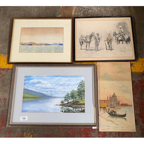 133 - A Lot of four various artworks to include Loch scene watercolour.