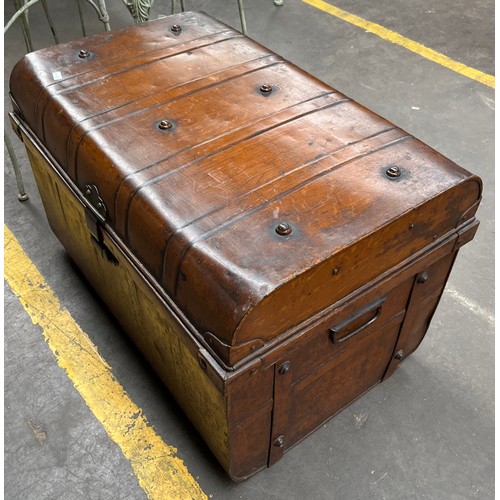 253 - Antique metal travel trunk together with a metal three way fire screen.