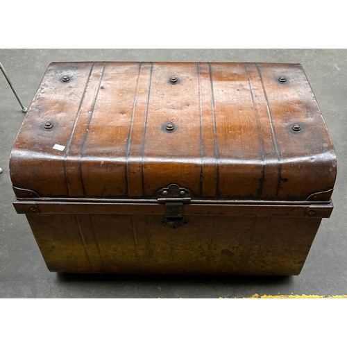 253 - Antique metal travel trunk together with a metal three way fire screen.