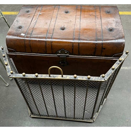 253 - Antique metal travel trunk together with a metal three way fire screen.