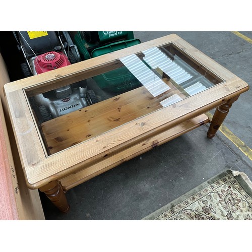 344 - Pine and glass lounge coffee table together with half moon table.