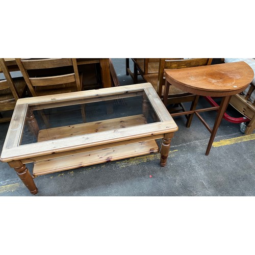 344 - Pine and glass lounge coffee table together with half moon table.