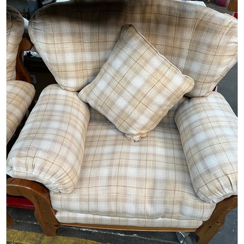 347 - A Pine Ducal three piece sofa set. Cream tartan design material upholstery cushions.