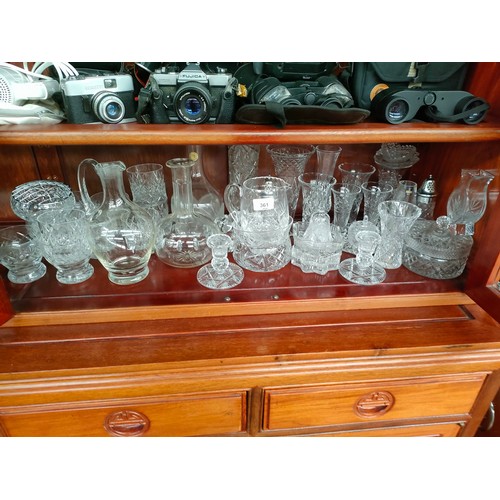 496F - Two Shelves of crystal wares includes Glen eagles vase, A Set of six crystal whisky glasses and thre... 