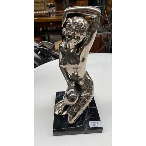 246 - Art Nouveau design Silvered metal nude lady sculpture on marble base.