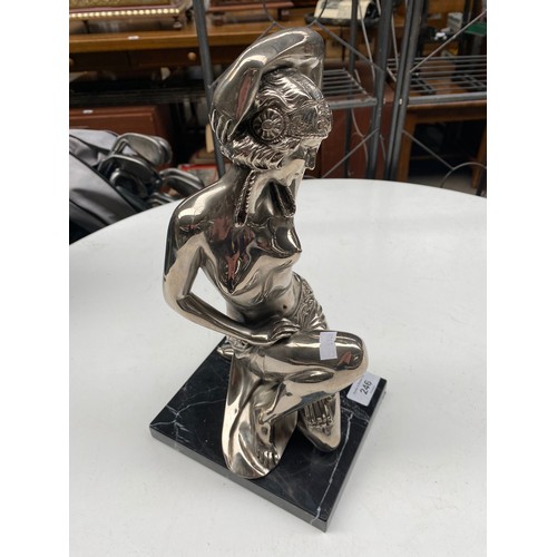 246 - Art Nouveau design Silvered metal nude lady sculpture on marble base.