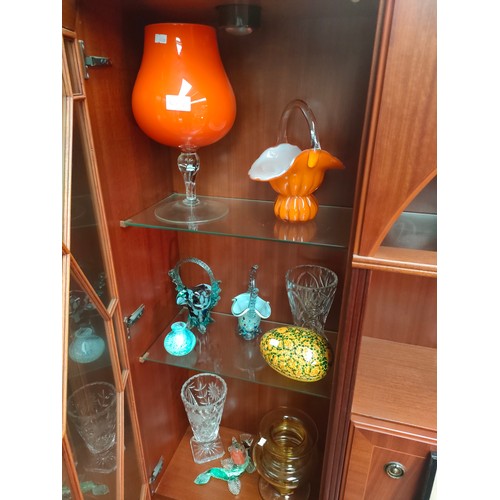 496E - A Selection of art glass collectables to include heavy amber coloured vase, Murano bird sculpture an... 