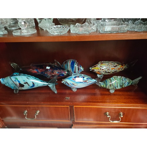 496G - A Shelf of 6 various art glass fish sculptures