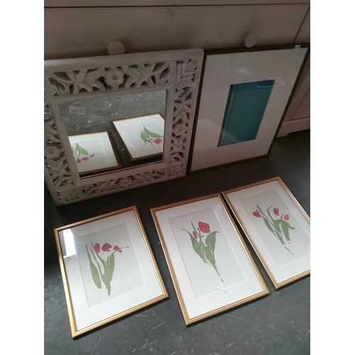 496L - Contemporary light wood framed mirror and various art work prints.