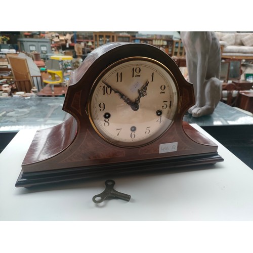 496Q - Mahogany and  burr walnut cased mantel clock, comes with key and pendulum