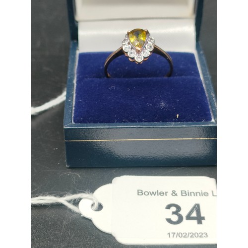 34 - 9ct rose gold ladies ring set with a yellow pear drop stone off set by white topaz stones. [Ring siz... 