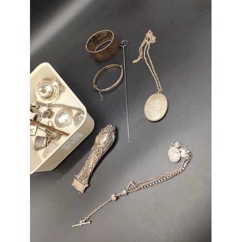 24J - A Tray of silver jewellery and scrap silver. Include silver Charles Horner hat pin, Chester silver b... 