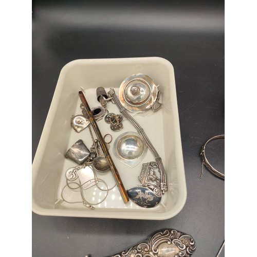 24J - A Tray of silver jewellery and scrap silver. Include silver Charles Horner hat pin, Chester silver b... 