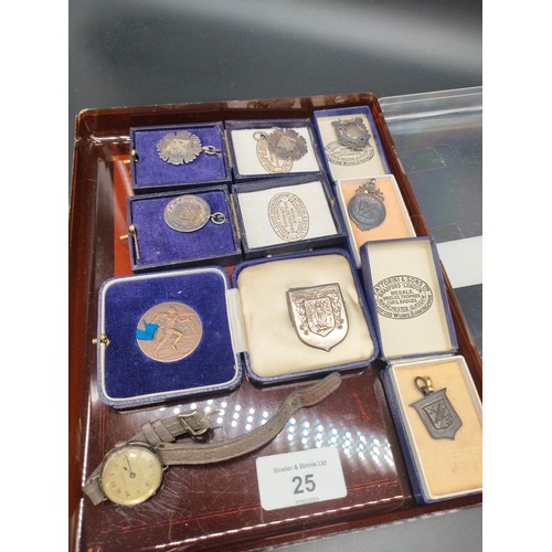 25 - A Selection of silver marked and bronze fob medals/ badges. Some have boxes. Together with silver ca... 