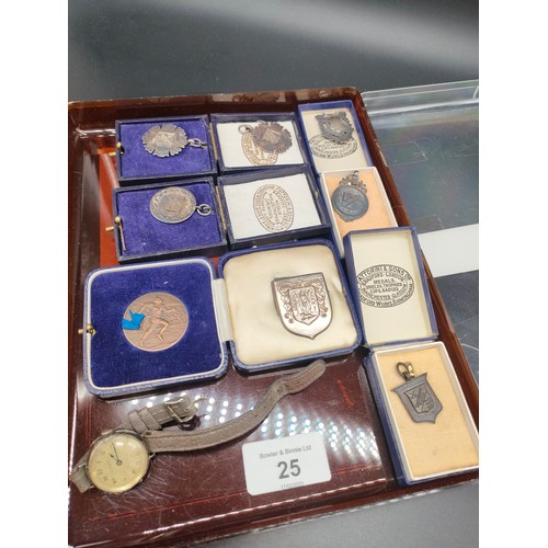 25 - A Selection of silver marked and bronze fob medals/ badges. Some have boxes. Together with silver ca... 