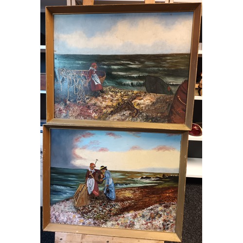 855 - A pair of oil on boards depicting women fishing near the sea, signed M. Scott, dated 1884. 
[49x62cm... 