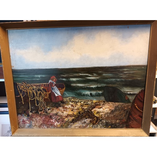 855 - A pair of oil on boards depicting women fishing near the sea, signed M. Scott, dated 1884. 
[49x62cm... 