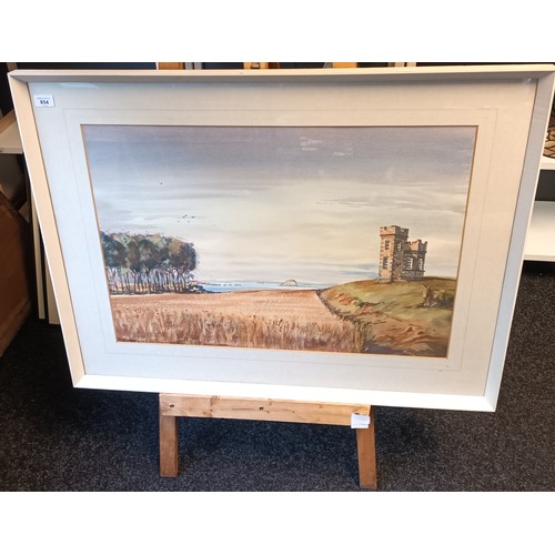 854 - Large watercolour depicting Broxmouth Tower , painted for Miss Ella MacGregor Christmas 1975 by Fred... 