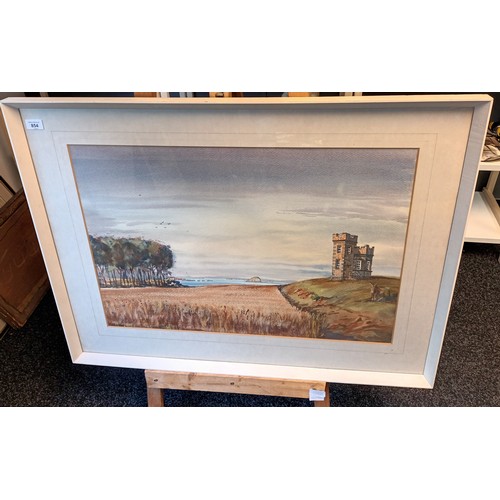 854 - Large watercolour depicting Broxmouth Tower , painted for Miss Ella MacGregor Christmas 1975 by Fred... 